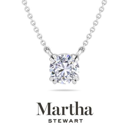 Martha Stewart 1 Carat Round Shape Lab Grown Diamond Solitaire Necklace In 14K White Gold