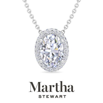 Martha Stewart 2 1/4 Carat Oval Shape Lab Grown Diamond Halo Necklace In 14K White Gold