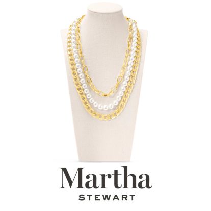 Martha Stewart Three Strand Pearl and Chain Necklace In Gold
