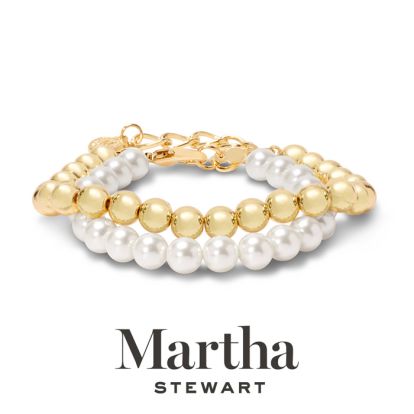 Martha Stewart Two Strand Pearl and Gold Ball Bracelet, 7 Inches
