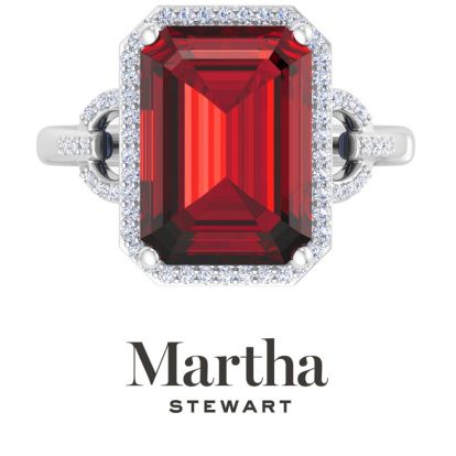 Martha Stewart 7 1/3 Carat Emerald Cut Ruby and Lab Grown Diamond Halo Ring In Sterling Silver