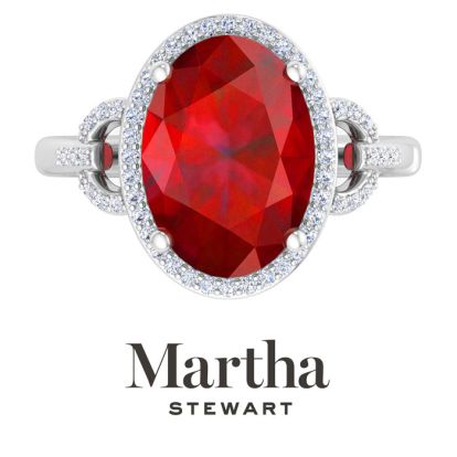 Martha Stewart 6 3/4 Carat Oval Shape Ruby and Lab Grown Diamond Halo Ring In Sterling Silver