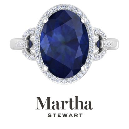 Martha Stewart 6 3/4 Carat Oval Shape Sapphire and Lab Grown Diamond Halo Ring In Sterling Silver