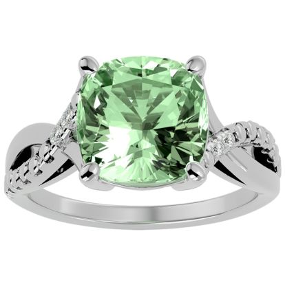 4 Carat Cushion Cut Green Amethyst and Diamond Ring in 10k White Gold