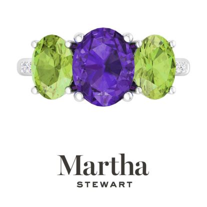 Martha Stewart 5 Carat Oval Shape Amethyst, Peridot and Lab Grown Diamond Three Stone Plus Ring In Sterling Silver