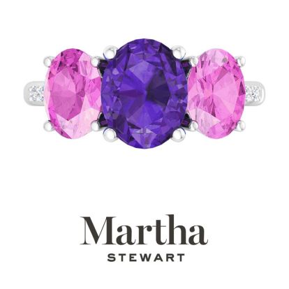 Martha Stewart 5 Carat Oval Shape Amethyst, Pink Sapphire and Lab Grown Diamond Three Stone Plus Ring In Sterling Silver