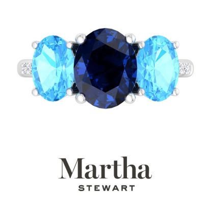Martha Stewart 5 Carat Oval Shape Sapphire, Blue Topaz and Lab Grown Diamond Three Stone Plus Ring In Sterling Silver