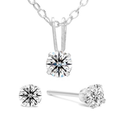 Estate Jewelry 1/2 Carat Natural Diamond Stud Earrings and Necklace. Fiery Diamonds Mounted In 14K White Gold