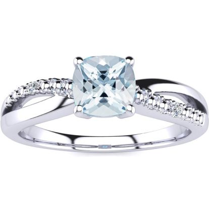 Aquamarine Ring: Aquamarine Jewelry: 3/4ct Cushion Cut Aquamarine and Diamond Ring in 10k White Gold