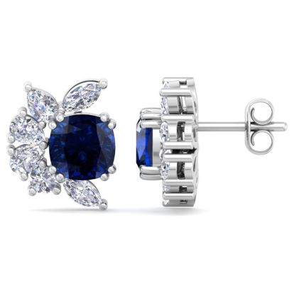 1 3/4 Carat Cushion Cut Sapphire and Lab Grown Diamond Cluster Stud Earrings In 14 Karat White Gold