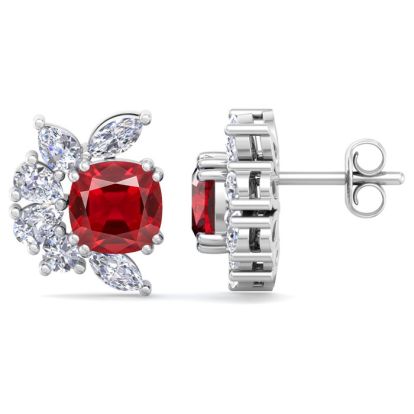 1 3/4 Carat Cushion Cut Ruby and Lab Grown Diamond Cluster Stud Earrings In 14 Karat White Gold