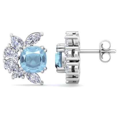 1 3/4 Carat Cushion Cut Aquamarine and Lab Grown Diamond Cluster Stud Earrings In 14 Karat White Gold