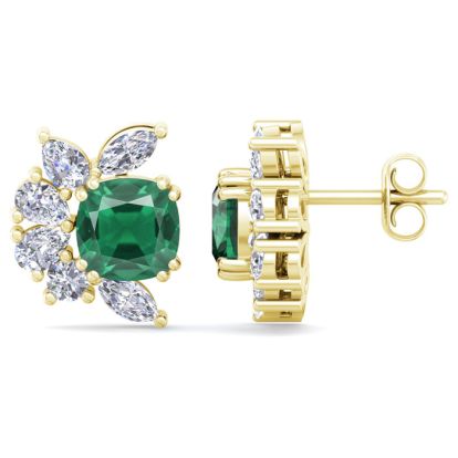 1 3/4 Carat Cushion Cut Emerald and Lab Grown Diamond Cluster Stud Earrings In 14 Karat Yellow Gold