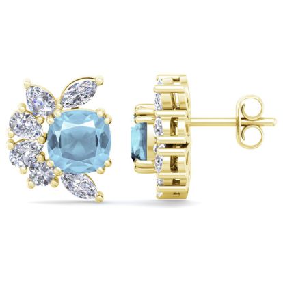 1 3/4 Carat Cushion Cut Aquamarine and Lab Grown Diamond Cluster Stud Earrings In 14 Karat Yellow Gold