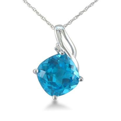Blue Topaz Jewelry: 5ct Cushion Cut Blue Topaz and Diamond Pendant in 10k White Gold