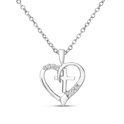 0.03 Carat Diamond Cross and Heart Necklace In Sterling Silver With Free Chain, 18 Inches