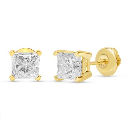 Estate Jewelry 2 Carat Princess Shape Diamond Stud Earrings In 14 Karat Yellow Gold