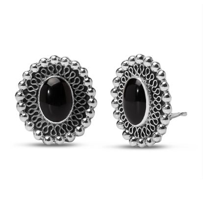 Estate Jewelry Vintage Lace Oval Black Stone Clip-On Earrings In Solid Sterling Silver