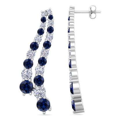 4 Carat Sapphire and Lab Grown Diamond Line Drop Earrings In 14 Karat White Gold, 1 1/2 Inches
