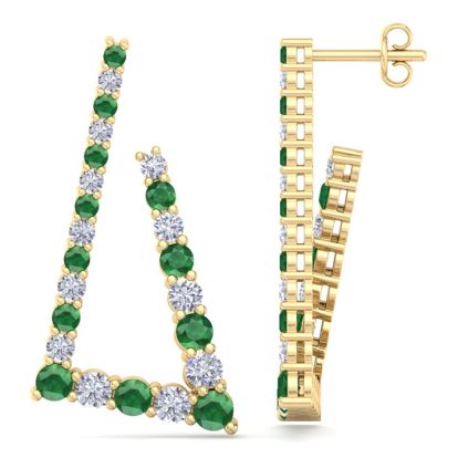4 3/4 Carat Emerald and Lab Grown Diamond Line Modern Earrings In 14 Karat Yellow Gold, 1 1/2 Inches