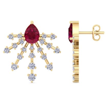 3 1/2 Carat Pear Shape Ruby and Lab Grown Diamond Spray Drop Earrings In 14 Karat Yellow Gold