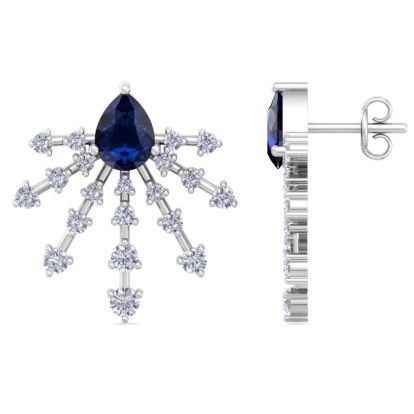 3 1/2 Carat Pear Shape Sapphire and Lab Grown Diamond Spray Drop Earrings In 14 Karat White Gold