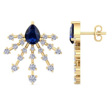 3 1/2 Carat Pear Shape Sapphire and Lab Grown Diamond Spray Drop Earrings In 14 Karat Yellow Gold