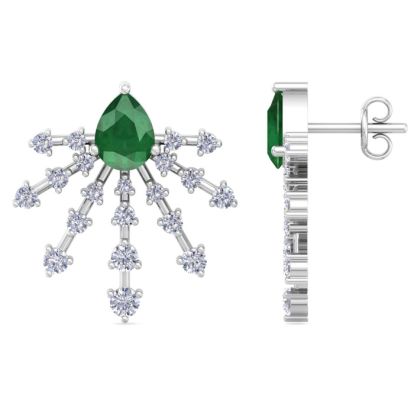 3 1/2 Carat Pear Shape Emerald and Lab Grown Diamond Spray Drop Earrings In 14 Karat White Gold