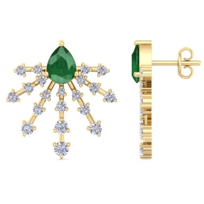 3 1/2 Carat Pear Shape Emerald and Lab Grown Diamond Spray Drop Earrings In 14 Karat Yellow Gold