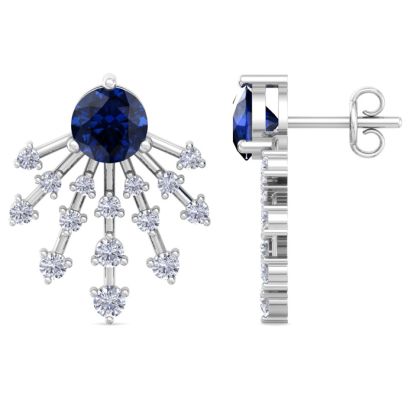 4 1/2 Carat Round Shape Sapphire and Lab Grown Diamond Spray Drop Earrings In 14 Karat White Gold