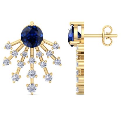4 1/2 Carat Round Shape Sapphire and Lab Grown Diamond Spray Drop Earrings In 14 Karat Yellow Gold