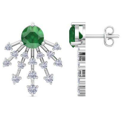 4 1/2 Carat Round Shape Emerald and Lab Grown Diamond Spray Drop Earrings In 14 Karat White Gold