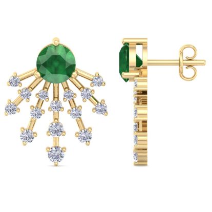 4 1/2 Carat Round Shape Emerald and Lab Grown Diamond Spray Drop Earrings In 14 Karat Yellow Gold
