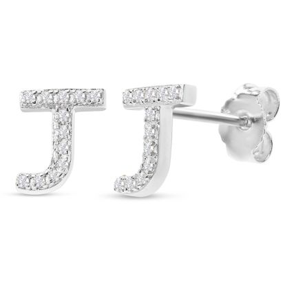 Sterling Silver Letter J Initial Earrings With Diamonds – Personalized Initial Jewelry