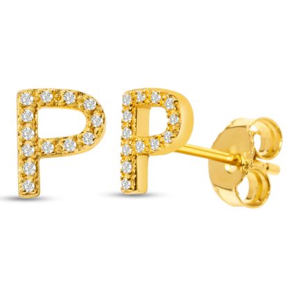 14K Yellow Gold Over Sterling Silver Letter P Initial Earrings With Diamonds – Personalized Initial Jewelry