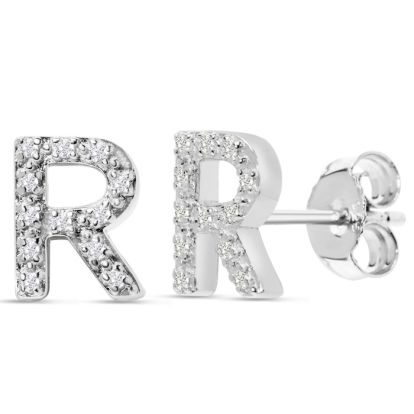 Sterling Silver Letter R Initial Earrings With Diamonds – Personalized Initial Jewelry
