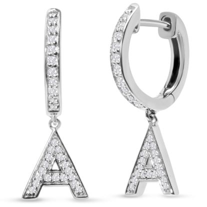 Sterling Silver Letter A Initial Earrings, Diamond Drop Earrings – Personalized Initial Jewelry