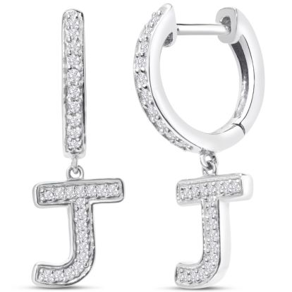 Sterling Silver Letter J Initial Earrings, Diamond Drop Earrings – Personalized Initial Jewelry