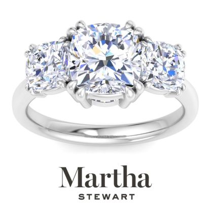 Martha Stewart 5 Carat Cushion Cut Lab Grown Diamond Three Stone Engagement Ring In Sterling Silver