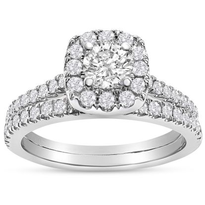 Estate Jewelry 1.40 Carat Lab Grown Diamond Halo Bridal Set In 14 Karat White Gold, Size 7