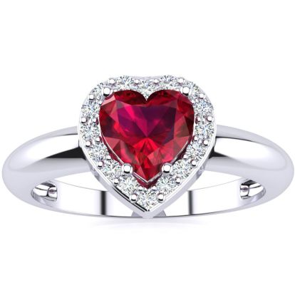 Estate Jewelry 1 Carat Heart Shaped Created Ruby and Diamond Ring In Sterling Silver, Size 7