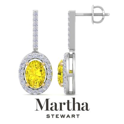 Martha Stewart 2 1/2 Carat Oval Shape Fancy Yellow Lab Grown Diamond Drop Earrings In Sterling Silver