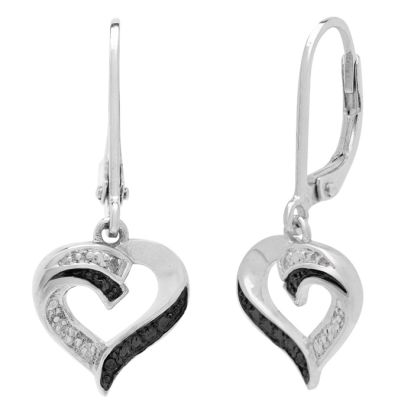 Estate Jewelry Black and White Diamond Heart Earrings In Sterling Silver With Leverbacks