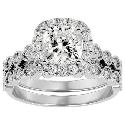 Moissanite Engagement Ring; 2 1/2 Carat Cushion Cut Moissanite Bridal Set In 14 Karat White Gold