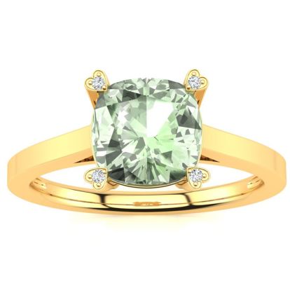 2ct Cushion Cut Green Amethyst and Diamond Ring in 10K Yellow Gold