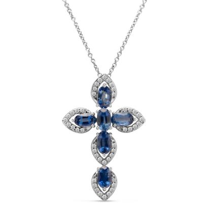 Estate Jewelry Diamond & Sapphire Cross Necklace In 14 Karat White Gold, 18 Inches