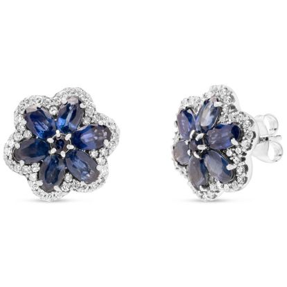 Estate Jewelry Diamond & Sapphire Flower Cluster Earrings In 14 Karat White Gold