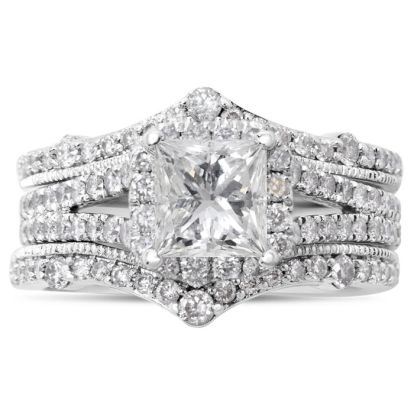 Estate Jewelry 2 Carat Princess And Round Natural Diamond Bridal Set In 14 White Gold, Size 6