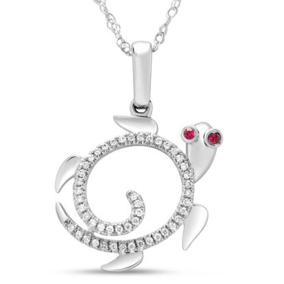 Estate Jewelry 1/10 Carat Diamond and Ruby Turtle Necklace In 14K White Gold, 18 Inches
