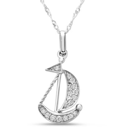 Estate Jewelry 1/10 Carat Diamond Sailboat Necklace In 14K White Gold, 18 Inches